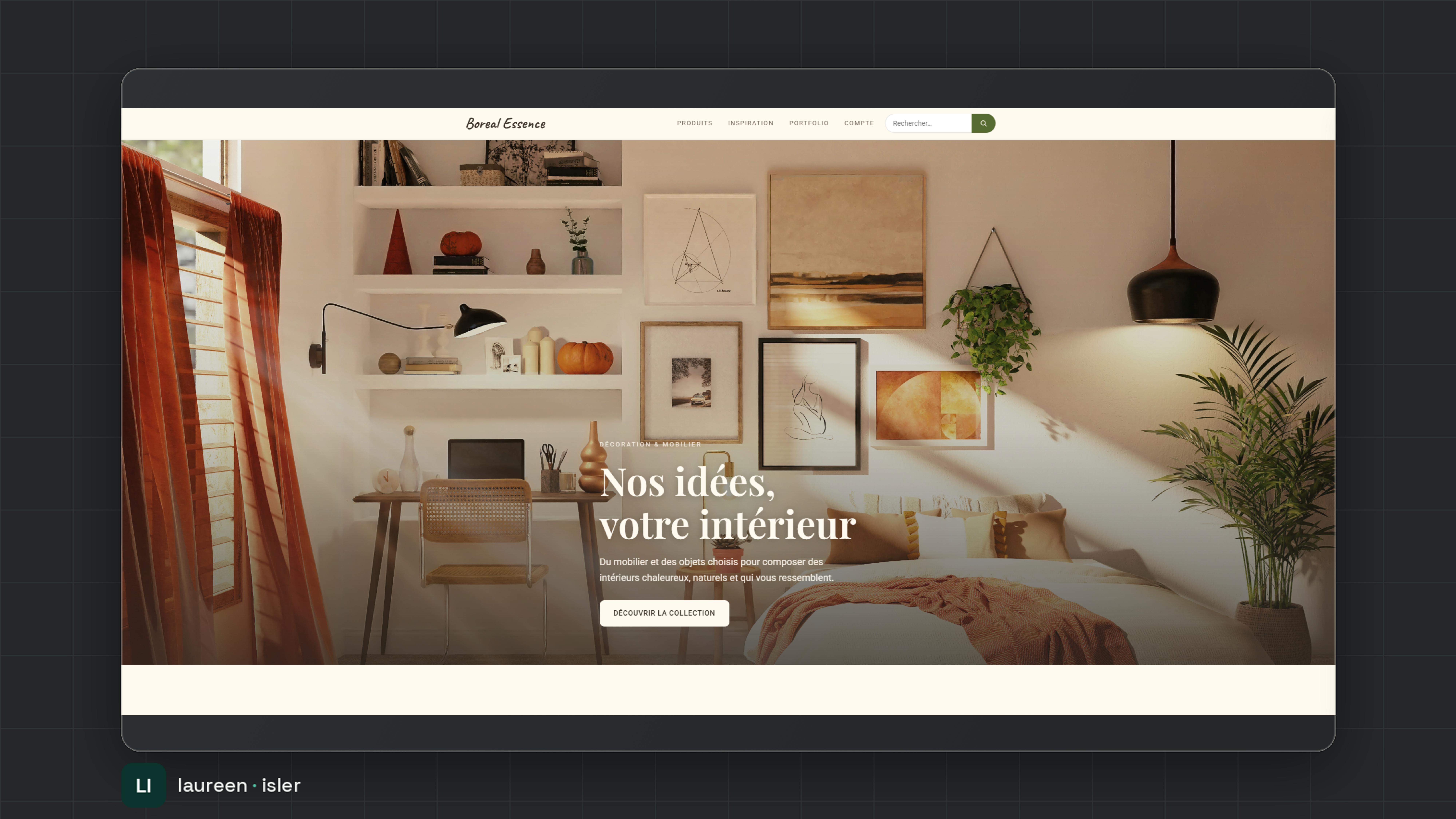 Page d'accueil de Boreal Essence, boutique de décoration d'intérieur
